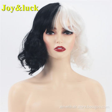 Wholesale Prices Wig For Women With Bangs Half Black and Half White Party Cosplay Natural Water Wave Short Synthetic Hair Wigs